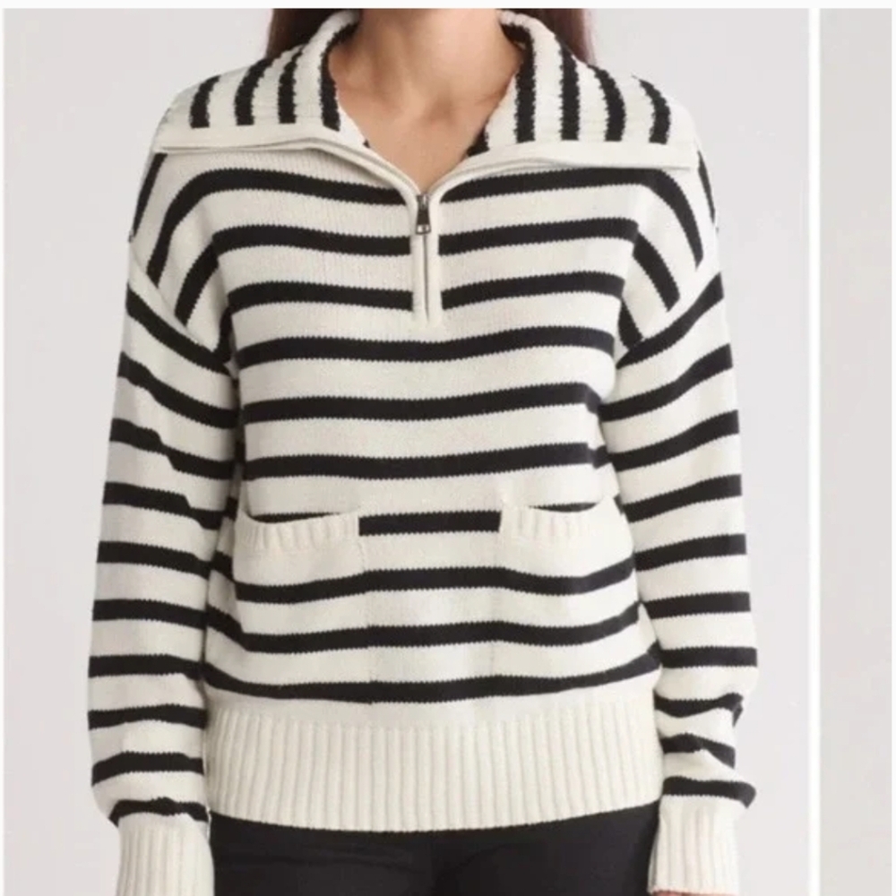 NWOT Rachel Roy Black and White Striped Zip Sweater